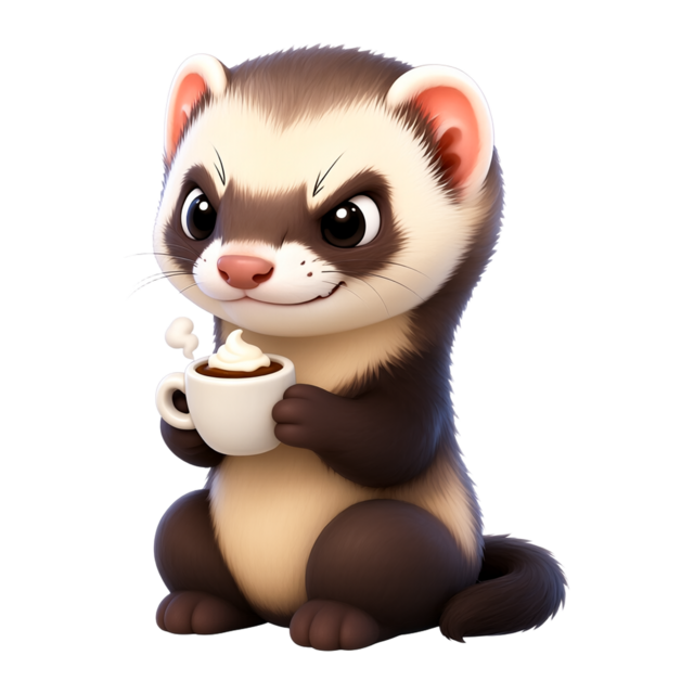 Odd Ferret mascot: a grinning ferret holding a tiny cup of coffee